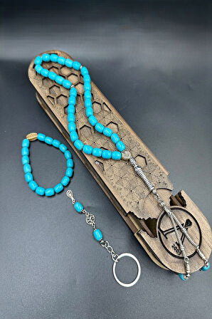 Mavi Ceyt Taşı Set Alpaka Püskül Tespih (Ahşap Kutulu)