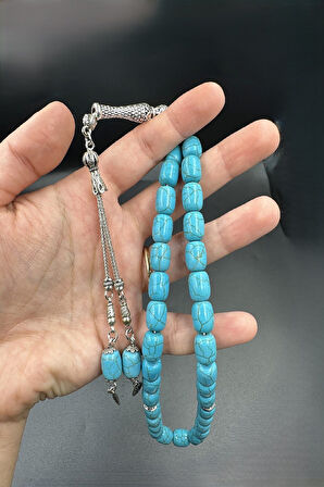 Mavi Ceyt Taşı Set Alpaka Püskül Tespih (Ahşap Kutulu)