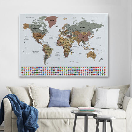 Harita Sepeti Türkçe Dünya Haritası Son Derece Ayrıntılı Eğitici ve Bayraklı Kanvas Tablo 2809