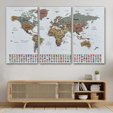 Harita Sepeti Türkçe Dünya Haritası Son Derece Ayrıntılı Eğitici ve Bayraklı Kanvas Tablo 2809