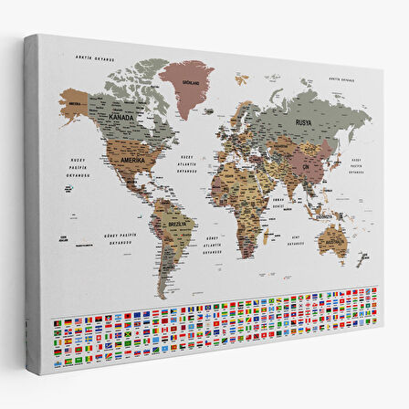 Harita Sepeti Türkçe Dünya Haritası Son Derece Ayrıntılı Eğitici ve Bayraklı Kanvas Tablo 2809