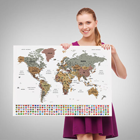 Harita Sepeti Türkçe Dünya Haritası Son Derece Ayrıntılı Eğitici ve Bayraklı Kanvas Tablo 2809