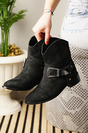 Günlük Kadın Düz Süet Bot Oval Burunlu Toka Detaylı Tırtıklı Taban Kovboy Bot 281