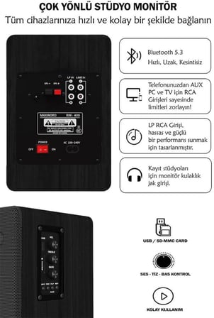 Maxword RM-400BK Aktif Stüdyo Referans Monitörü 4 İNÇ ÇİFT Bluetooth USB 140 Watt