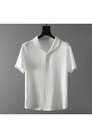 Alaçatı Stili Erkek Bürümcük Krinkıl Kumaş Yazlık Likralı Polo Yaka Tshirt ve Eşofman Takım kombini