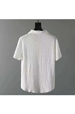 Alaçatı Stili Erkek Bürümcük Krinkıl Kumaş Yazlık Likralı Polo Yaka Tshirt ve Eşofman Takım kombini