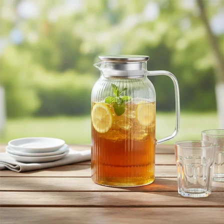 Silikon Fitilli Borosilikat Cam Sürahi (2000 ml) - Metal Kapaklı, Isıya Dayanıklı, Süzgeçli Şeffaf Buzlu Çay ve Limonata Karafı