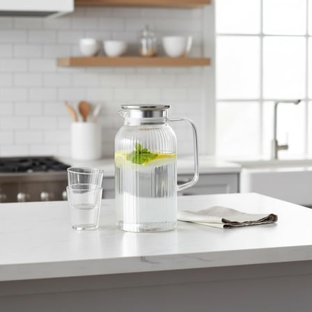 Silikon Fitilli Borosilikat Cam Sürahi (2000 ml) - Metal Kapaklı, Isıya Dayanıklı, Süzgeçli Şeffaf Buzlu Çay ve Limonata Karafı