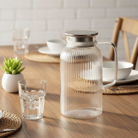 Silikon Fitilli Borosilikat Cam Sürahi (2000 ml) - Metal Kapaklı, Isıya Dayanıklı, Süzgeçli Şeffaf Buzlu Çay ve Limonata Karafı
