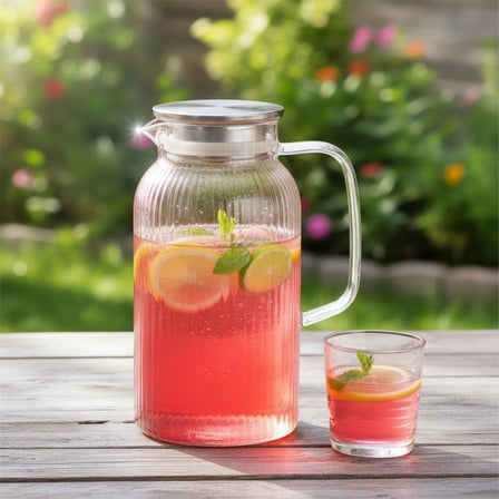 Silikon Fitilli Borosilikat Cam Sürahi (2000 ml) - Metal Kapaklı, Isıya Dayanıklı, Süzgeçli Şeffaf Buzlu Çay ve Limonata Karafı