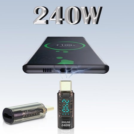 USB-C Güç Ölçer LED Ekranlı Adaptör 240W PD 3.1 Hızlı Şarj 40Gbps Veri 8K Video Destekli Type-C Erkek Dişi Dönüştürücü Voltaj Akım Watt Test Cihazı Tak Çalıştır Kompakt Tasarım | ZR1141