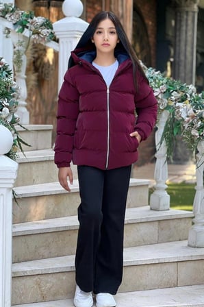 Kız Çocuk Kapüşonlu Cepli Su Geçirmez Nova Kumaş Kışlık Mont KM4011