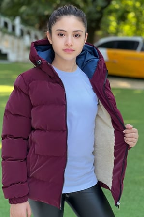 Kız Çocuk Kapüşonlu Cepli Su Geçirmez Nova Kumaş Kışlık Mont KM4011