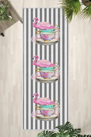 Fincanlı Flamingo Çizgiler Gri Beyaz Modern Mutfak Halısı Yıkanabilir Kaymaz Su İtici