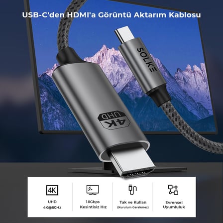 USB-C to HDMI Kablo, 2 Metre, 4K60Hz, 18Gbps, Type-C to HDMI Görüntü Kablosu, Thunderbolt 5/4/3 Uyumlu