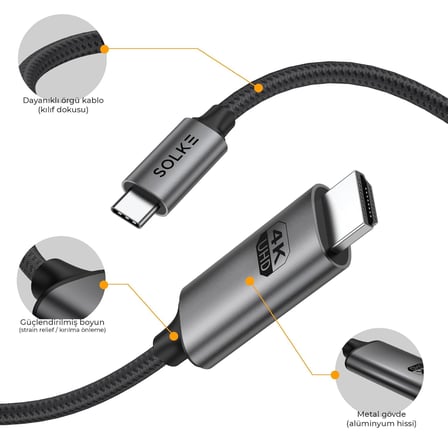 USB-C to HDMI Kablo, 2 Metre, 4K60Hz, 18Gbps, Type-C to HDMI Görüntü Kablosu, Thunderbolt 5/4/3 Uyumlu