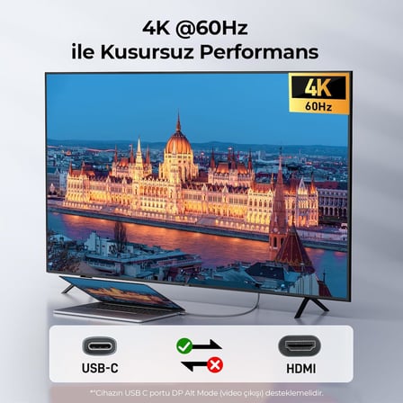 USB-C to HDMI Kablo, 2 Metre, 4K60Hz, 18Gbps, Type-C to HDMI Görüntü Kablosu, Thunderbolt 5/4/3 Uyumlu