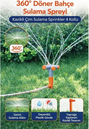 360° Döner Bahçe Sulama Fıskiyesi, 4 Kollu Otomatik Sprinkler, Kazıklı Tasarım, Geniş Alan Kaplama