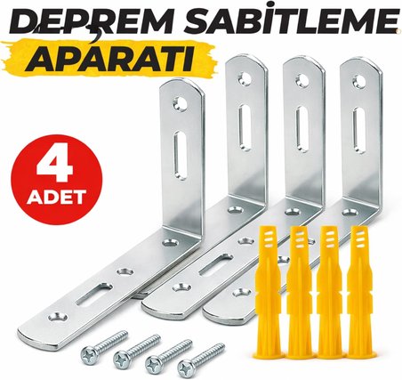 Deprem Sabitleme Aparatı, Metal Mobilya Duvar Sabitleyici, Dolap Devrilme Önleyici, 20x70x120 mm, 4 Adet, Vida ve Dübel Dahil