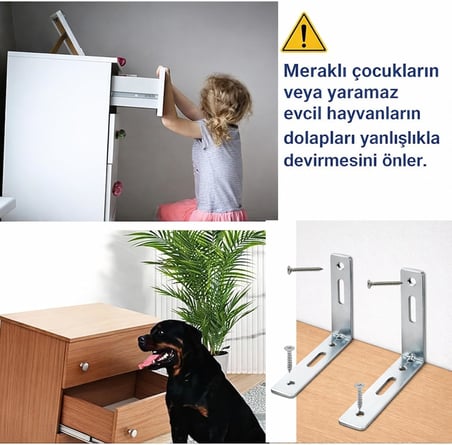 Deprem Sabitleme Aparatı, Metal Mobilya Duvar Sabitleyici, Dolap Devrilme Önleyici, 20x70x120 mm, 4 Adet, Vida ve Dübel Dahil
