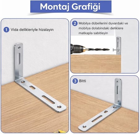 Deprem Sabitleme Aparatı, Metal Mobilya Duvar Sabitleyici, Dolap Devrilme Önleyici, 20x70x120 mm, 4 Adet, Vida ve Dübel Dahil