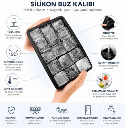 2 Adet Kare Buz Kalıbı, 15 Bölmeli Çok Amaçlı Buz Küpü Kalıbı, Kolay Serbest Bırakma Özelliği, Kahve ve Ev Yapımı İçecekler için İdeal Dondurucu Kalıpları (2 Adet)