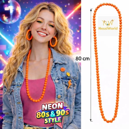 Neon Turuncu Boncuk Kolye 80 cm – Retro 80’ler 90’lar Parti Aksesuarı