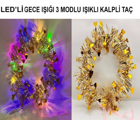Kalp Püsküllü Gece Parıltısı 3 Modlu LED li Işıklı Taç Altın Renk