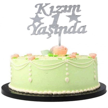 Kızım 1 Yaşında İlk Yaş Doğum Günü Partisi Pasta Süsü Gümüş Renk NessiWorld