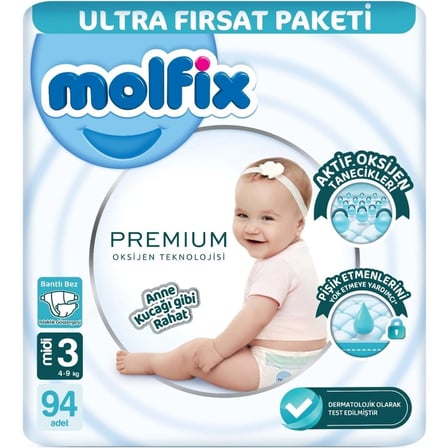 Premium Bebek Bezi Ultra Fırsat Paketi 3 Beden 4-9 Kg 94 Adet
