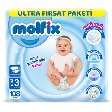 Bebek Bezi Ultra Fırsat Paketi 3 Beden 4-9 Kg 108 Adet