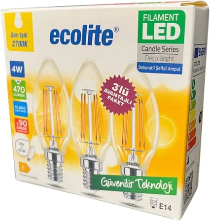 Ecolite 4W LED Filament Mum Ampul, E14 Duy, 2700K Sarı Işık, 470 Lümen, Şeffaf Cam, Akkor Görünümlü Dekoratif Lamba, 3'lü Paket