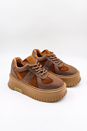 KristeBell İthal Kalın Taban Taşlı Kadın Spor Bot 1007 - Kahve - 36