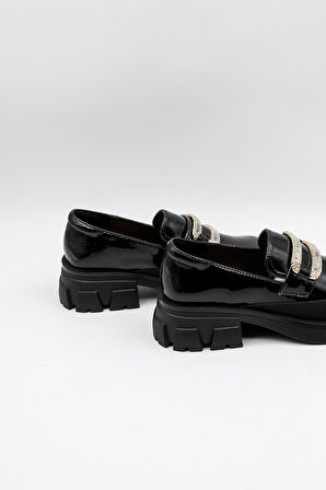 KristeBell İthal Özel Seri Kadın Loafer Model İnce Taban Ayakabbı KB1024 - Siyah Rugan - 36