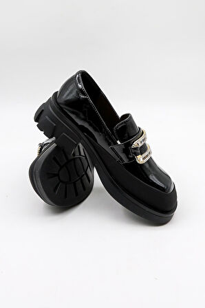 KristeBell İthal Özel Seri Kadın Loafer Model İnce Taban Ayakabbı KB1024 - Siyah Rugan - 36