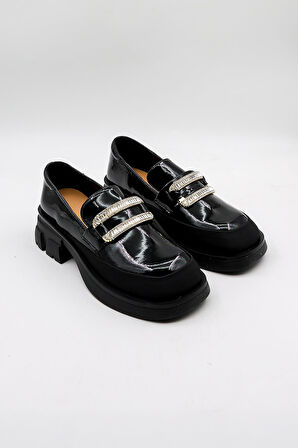 KristeBell İthal Özel Seri Kadın Loafer Model İnce Taban Ayakabbı KB1024 - Siyah Rugan - 36
