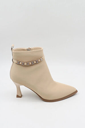 KristeBell İthal Topuklu Taşlı Aksesuar Detaylı Fermuarlı Bot 2509 - Bej - 36