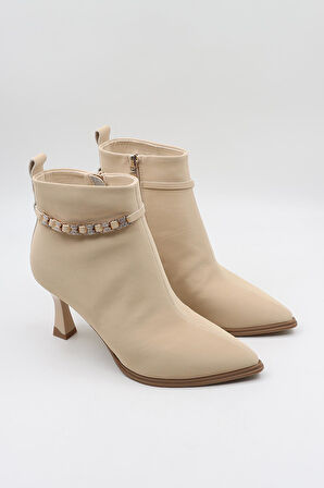 KristeBell İthal Topuklu Taşlı Aksesuar Detaylı Fermuarlı Bot 2509 - Bej - 36