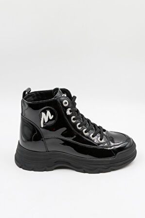 KristeBell İthal Bağcıklı Sneaker Kadın Spor Bot 2009 - Siyah Rugan - 36