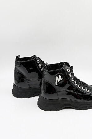 KristeBell İthal Bağcıklı Sneaker Kadın Spor Bot 2009 - Siyah Rugan - 36