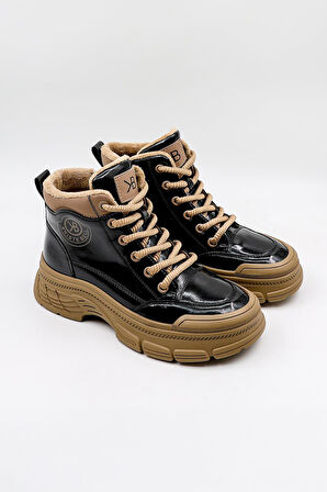 KristeBell İthal Bağcıklı İçi Kürklü Kadın Spor Bot 2014 - Siyah Rugan - 36