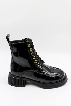 KristeBell İthal Özel Seri Rugan Bağcıklı Fermuarlı Bot KB1002 - Siyah Rugan - 36