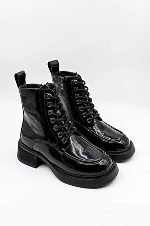 KristeBell İthal Özel Seri Rugan Bağcıklı Fermuarlı Bot KB1002 - Siyah Rugan - 36