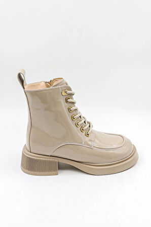 KristeBell İthal Özel Seri Rugan Bağcıklı Fermuarlı Bot KB1002 - Vizon Rugan - 36