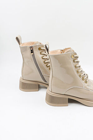 KristeBell İthal Özel Seri Rugan Bağcıklı Fermuarlı Bot KB1002 - Vizon Rugan - 36