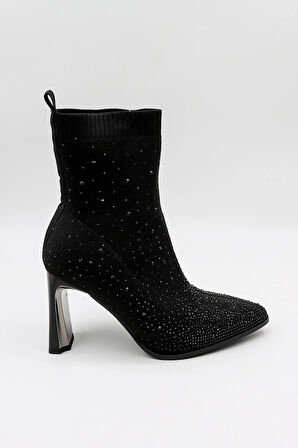 KristeBell İthal Taşlı Model Triko Topuklu Kadın Bot KB2514 - Siyah - 36