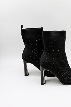 KristeBell İthal Taşlı Model Triko Topuklu Kadın Bot KB2514 - Siyah - 36