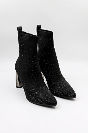 KristeBell İthal Taşlı Model Triko Topuklu Kadın Bot KB2514 - Siyah - 36