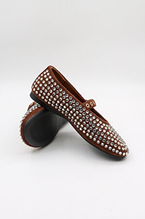 KristeBell İthal Özel Seri Kadın Taşlı Süet Deri Babet KB1020 - Kahve - 36