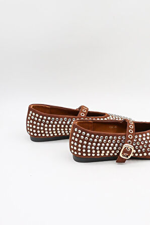 KristeBell İthal Özel Seri Kadın Taşlı Süet Deri Babet KB1020 - Kahve - 36